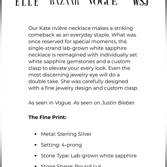 Tennis Necklace 15” DORSEY KATE ROUNDCUT WHITE SAPPHIRE SILVER RIVIÈRE NECKLACE - Picture 12 of 12